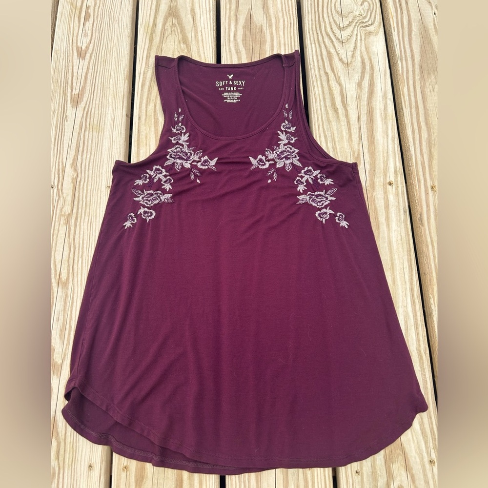 American Eagle Soft &‎ Sexy Tank Top Womens Sz S Embroidered Floral Rose Maroon